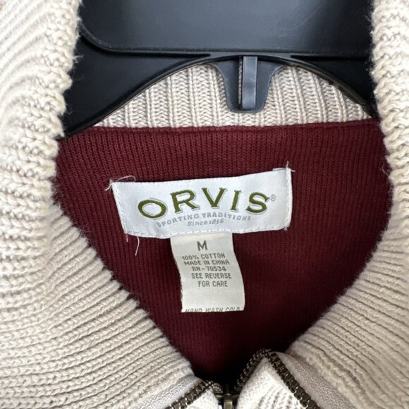 Orvis Sweater Mens Large Beige Full Zip Lined Suede Patch Knit Sweater Jacket M - Picture 3 of 8